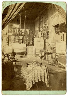 <em>"Bierstadt Collection. Studio, with table."</em>. Half of stereocard, 4.25 x 3in (10.75 x 7.75 cm). Brooklyn Museum, Bierstadt. (N200_B473_A1_1996.169.10.jpg