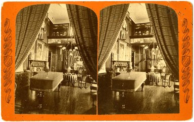 <em>"Bierstadt Collection. Library, with piano. Charles Bierstadt, photographer. Niagara Falls, N.Y."</em>. Stereocard, 7 x 3.5in (17.8 x 9 cm). Brooklyn Museum, Bierstadt. (N200_B473_A1_1996.169.8.jpg