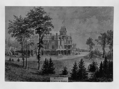 <em>"Bierstadt Collection. Malkasten. Irvington on Hudson (exterior)."</em>. b/w negative, 4x5in. Brooklyn Museum. (N200_B473_A1_Malkasten_bw.jpg