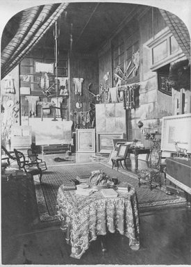 <em>"Bierstadt Collection. Studio, with table."</em>. b/w negative, 4x5in. Brooklyn Museum. (N200_B473_A1_studio_Malkasten_east_bw.jpg