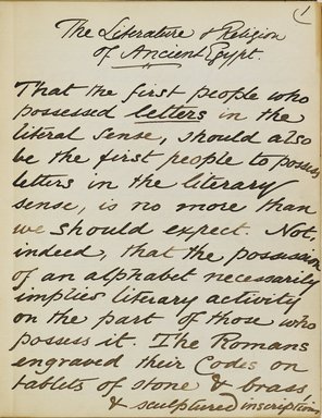 <em>"Original manuscript of a lecture given by Amelia Edwards at the Brooklyn Academy of Music on March 10, 1890."</em>. Manuscript. Brooklyn Museum. (Photo: Brooklyn Museum, N362.1_E9_Edwards_p001_PS4.jpg