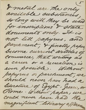 <em>"Original manuscript of a lecture given by Amelia Edwards at the Brooklyn Academy of Music on March 10, 1890."</em>. Manuscript. Brooklyn Museum. (Photo: Brooklyn Museum, N362.1_E9_Edwards_p005_PS4.jpg