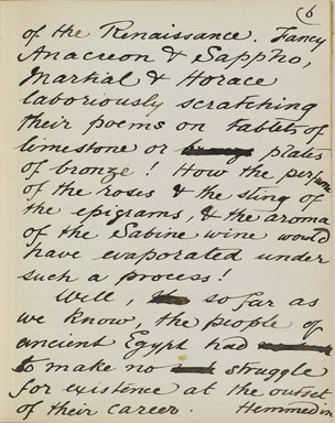 <em>"Original manuscript of a lecture given by Amelia Edwards at the Brooklyn Academy of Music on March 10, 1890."</em>. Manuscript. Brooklyn Museum. (Photo: Brooklyn Museum, N362.1_E9_Edwards_p006_PS4.jpg