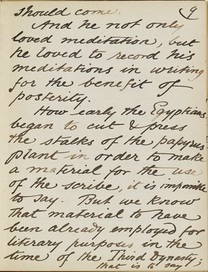 <em>"Original manuscript of a lecture given by Amelia Edwards at the Brooklyn Academy of Music on March 10, 1890."</em>. Manuscript. Brooklyn Museum. (Photo: Brooklyn Museum, N362.1_E9_Edwards_p009_PS4.jpg