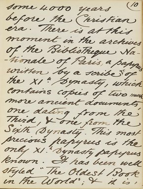 <em>"Original manuscript of a lecture given by Amelia Edwards at the Brooklyn Academy of Music on March 10, 1890."</em>. Manuscript. Brooklyn Museum. (Photo: Brooklyn Museum, N362.1_E9_Edwards_p010_PS4.jpg