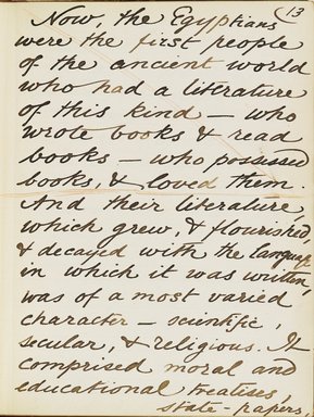<em>"Original manuscript of a lecture given by Amelia Edwards at the Brooklyn Academy of Music on March 10, 1890."</em>. Manuscript. Brooklyn Museum. (Photo: Brooklyn Museum, N362.1_E9_Edwards_p013_PS4.jpg