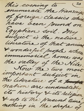 <em>"Original manuscript of a lecture given by Amelia Edwards at the Brooklyn Academy of Music on March 10, 1890."</em>. Manuscript. Brooklyn Museum. (Photo: Brooklyn Museum, N362.1_E9_Edwards_p020_PS4.jpg