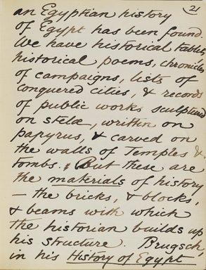 <em>"Original manuscript of a lecture given by Amelia Edwards at the Brooklyn Academy of Music on March 10, 1890."</em>. Manuscript. Brooklyn Museum. (Photo: Brooklyn Museum, N362.1_E9_Edwards_p021_PS4.jpg