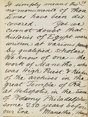 <em>"Original manuscript of a lecture given by Amelia Edwards at the Brooklyn Academy of Music on March 10, 1890."</em>. Manuscript. Brooklyn Museum. (Photo: Brooklyn Museum, N362.1_E9_Edwards_p023_PS4.jpg