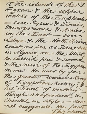 <em>"Original manuscript of a lecture given by Amelia Edwards at the Brooklyn Academy of Music on March 10, 1890."</em>. Manuscript. Brooklyn Museum. (Photo: Brooklyn Museum, N362.1_E9_Edwards_p029_PS4.jpg