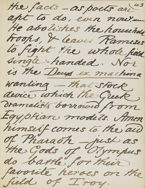 <em>"Original manuscript of a lecture given by Amelia Edwards at the Brooklyn Academy of Music on March 10, 1890."</em>. Manuscript. Brooklyn Museum. (Photo: Brooklyn Museum, N362.1_E9_Edwards_p043_PS4.jpg