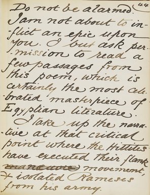 <em>"Original manuscript of a lecture given by Amelia Edwards at the Brooklyn Academy of Music on March 10, 1890."</em>. Manuscript. Brooklyn Museum. (Photo: Brooklyn Museum, N362.1_E9_Edwards_p044_PS4.jpg