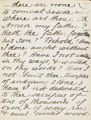 <em>"Original manuscript of a lecture given by Amelia Edwards at the Brooklyn Academy of Music on March 10, 1890."</em>. Manuscript. Brooklyn Museum. (Photo: Brooklyn Museum, N362.1_E9_Edwards_p047_PS4.jpg