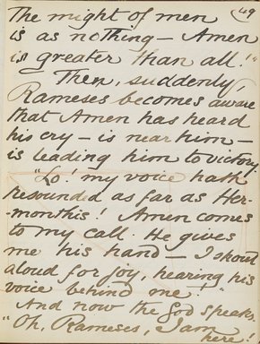 <em>"Original manuscript of a lecture given by Amelia Edwards at the Brooklyn Academy of Music on March 10, 1890."</em>. Manuscript. Brooklyn Museum. (Photo: Brooklyn Museum, N362.1_E9_Edwards_p049_PS4.jpg