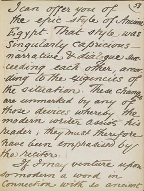 <em>"Original manuscript of a lecture given by Amelia Edwards at the Brooklyn Academy of Music on March 10, 1890."</em>. Manuscript. Brooklyn Museum. (Photo: Brooklyn Museum, N362.1_E9_Edwards_p053_PS4.jpg