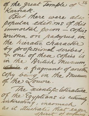 <em>"Original manuscript of a lecture given by Amelia Edwards at the Brooklyn Academy of Music on March 10, 1890."</em>. Manuscript. Brooklyn Museum. (Photo: Brooklyn Museum, N362.1_E9_Edwards_p056_PS4.jpg