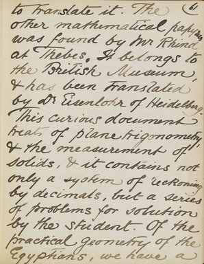 <em>"Original manuscript of a lecture given by Amelia Edwards at the Brooklyn Academy of Music on March 10, 1890."</em>. Manuscript. Brooklyn Museum. (Photo: Brooklyn Museum, N362.1_E9_Edwards_p061_PS4.jpg