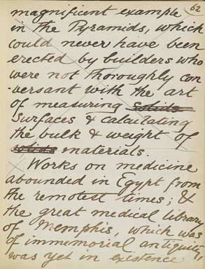 <em>"Original manuscript of a lecture given by Amelia Edwards at the Brooklyn Academy of Music on March 10, 1890."</em>. Manuscript. Brooklyn Museum. (Photo: Brooklyn Museum, N362.1_E9_Edwards_p062_PS4.jpg