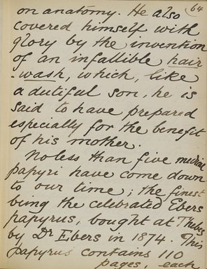 <em>"Original manuscript of a lecture given by Amelia Edwards at the Brooklyn Academy of Music on March 10, 1890."</em>. Manuscript. Brooklyn Museum. (Photo: Brooklyn Museum, N362.1_E9_Edwards_p064_PS4.jpg