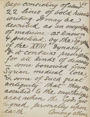 <em>"Original manuscript of a lecture given by Amelia Edwards at the Brooklyn Academy of Music on March 10, 1890."</em>. Manuscript. Brooklyn Museum. (Photo: Brooklyn Museum, N362.1_E9_Edwards_p065_PS4.jpg