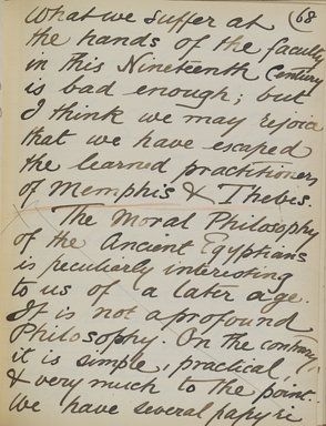 <em>"Original manuscript of a lecture given by Amelia Edwards at the Brooklyn Academy of Music on March 10, 1890."</em>. Manuscript. Brooklyn Museum. (Photo: Brooklyn Museum, N362.1_E9_Edwards_p068_PS4.jpg