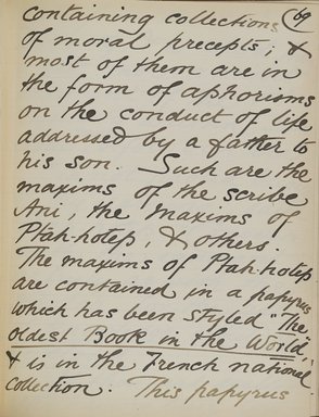 <em>"Original manuscript of a lecture given by Amelia Edwards at the Brooklyn Academy of Music on March 10, 1890."</em>. Manuscript. Brooklyn Museum. (Photo: Brooklyn Museum, N362.1_E9_Edwards_p069_PS4.jpg