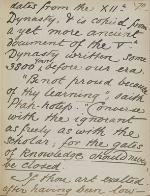 <em>"Original manuscript of a lecture given by Amelia Edwards at the Brooklyn Academy of Music on March 10, 1890."</em>. Manuscript. Brooklyn Museum. (Photo: Brooklyn Museum, N362.1_E9_Edwards_p070_PS4.jpg