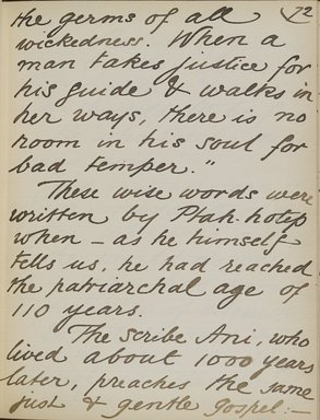 <em>"Original manuscript of a lecture given by Amelia Edwards at the Brooklyn Academy of Music on March 10, 1890."</em>. Manuscript. Brooklyn Museum. (Photo: Brooklyn Museum, N362.1_E9_Edwards_p072_PS4.jpg