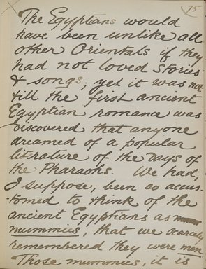 <em>"Original manuscript of a lecture given by Amelia Edwards at the Brooklyn Academy of Music on March 10, 1890."</em>. Manuscript. Brooklyn Museum. (Photo: Brooklyn Museum, N362.1_E9_Edwards_p075_PS4.jpg