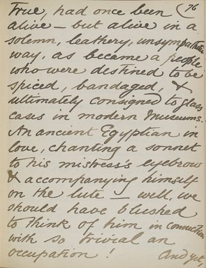 <em>"Original manuscript of a lecture given by Amelia Edwards at the Brooklyn Academy of Music on March 10, 1890."</em>. Manuscript. Brooklyn Museum. (Photo: Brooklyn Museum, N362.1_E9_Edwards_p076_PS4.jpg