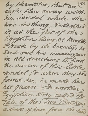 <em>"Original manuscript of a lecture given by Amelia Edwards at the Brooklyn Academy of Music on March 10, 1890."</em>. Manuscript. Brooklyn Museum. (Photo: Brooklyn Museum, N362.1_E9_Edwards_p080_PS4.jpg