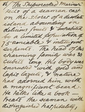 <em>"Original manuscript of a lecture given by Amelia Edwards at the Brooklyn Academy of Music on March 10, 1890."</em>. Manuscript. Brooklyn Museum. (Photo: Brooklyn Museum, N362.1_E9_Edwards_p086_PS4.jpg