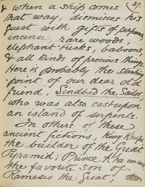 <em>"Original manuscript of a lecture given by Amelia Edwards at the Brooklyn Academy of Music on March 10, 1890."</em>. Manuscript. Brooklyn Museum. (Photo: Brooklyn Museum, N362.1_E9_Edwards_p087_PS4.jpg