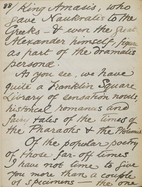 <em>"Original manuscript of a lecture given by Amelia Edwards at the Brooklyn Academy of Music on March 10, 1890."</em>. Manuscript. Brooklyn Museum. (Photo: Brooklyn Museum, N362.1_E9_Edwards_p088_PS4.jpg