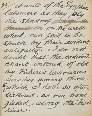 <em>"Original manuscript of a lecture given by Amelia Edwards at the Brooklyn Academy of Music on March 10, 1890."</em>. Manuscript. Brooklyn Museum. (Photo: Brooklyn Museum, N362.1_E9_Edwards_p095_PS4.jpg