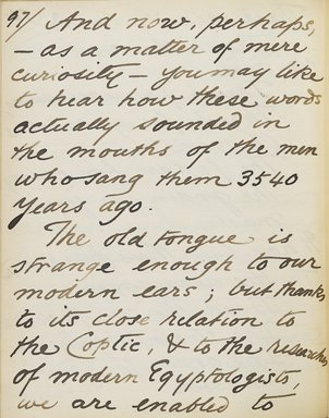 <em>"Original manuscript of a lecture given by Amelia Edwards at the Brooklyn Academy of Music on March 10, 1890."</em>. Manuscript. Brooklyn Museum. (Photo: Brooklyn Museum, N362.1_E9_Edwards_p097_PS4.jpg