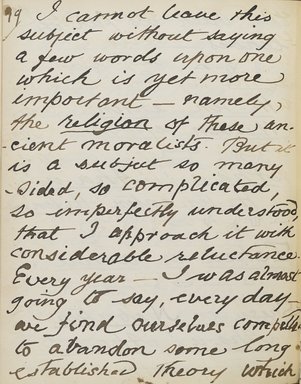 <em>"Original manuscript of a lecture given by Amelia Edwards at the Brooklyn Academy of Music on March 10, 1890."</em>. Manuscript. Brooklyn Museum. (Photo: Brooklyn Museum, N362.1_E9_Edwards_p099_PS4.jpg