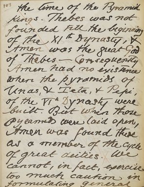 <em>"Original manuscript of a lecture given by Amelia Edwards at the Brooklyn Academy of Music on March 10, 1890."</em>. Manuscript. Brooklyn Museum. (Photo: Brooklyn Museum, N362.1_E9_Edwards_p103_PS4.jpg