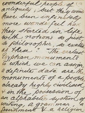 <em>"Original manuscript of a lecture given by Amelia Edwards at the Brooklyn Academy of Music on March 10, 1890."</em>. Manuscript. Brooklyn Museum. (Photo: Brooklyn Museum, N362.1_E9_Edwards_p112_PS4.jpg