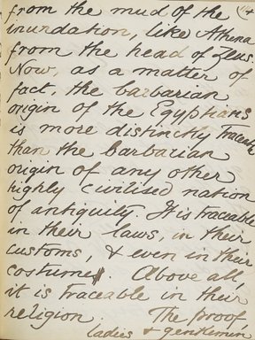 <em>"Original manuscript of a lecture given by Amelia Edwards at the Brooklyn Academy of Music on March 10, 1890."</em>. Manuscript. Brooklyn Museum. (Photo: Brooklyn Museum, N362.1_E9_Edwards_p114_PS4.jpg