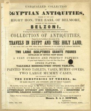 <em>"Unequaled Collection of Egyptian Antiquities"</em>. Printed material. Brooklyn Museum. (N362_L55s_Lepsius_Scrapbook_no23.jpg