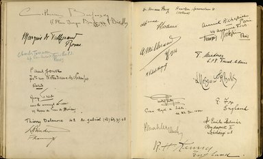 <em>"Maurice Nahman visitor book (1918-1977). Signature page."</em>. Manuscript. Brooklyn Museum. (Photo: Brooklyn Museum, N362_N14_Nahman_visitor_book_p47-48.jpg