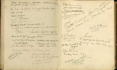 <em>"Maurice Nahman visitor book (1918-1977). Signature page."</em>. Manuscript. Brooklyn Museum. (Photo: Brooklyn Museum, N362_N14_Nahman_visitor_book_p59-60.jpg