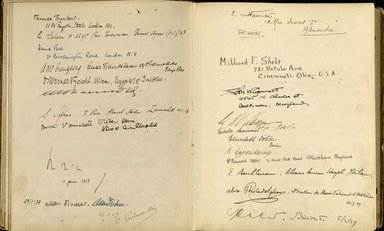 <em>"Maurice Nahman visitor book (1918-1977). Signature page."</em>. Manuscript. Brooklyn Museum. (Photo: Brooklyn Museum, N362_N14_Nahman_visitor_book_p63-64.jpg