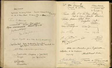 <em>"Maurice Nahman visitor book (1918-1977). Signature page."</em>. Manuscript. Brooklyn Museum. (Photo: Brooklyn Museum, N362_N14_Nahman_visitor_book_p65-66.jpg