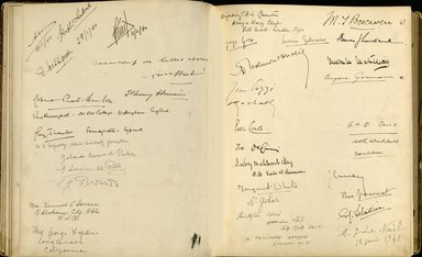 <em>"Maurice Nahman visitor book (1918-1977). Signature page."</em>. Manuscript. Brooklyn Museum. (Photo: Brooklyn Museum, N362_N14_Nahman_visitor_book_p67-68.jpg