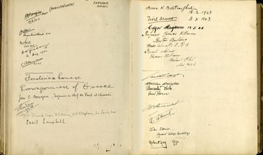 <em>"Maurice Nahman visitor book (1918-1977). Signature page."</em>. Manuscript. Brooklyn Museum. (Photo: Brooklyn Museum, N362_N14_Nahman_visitor_book_p71-72.jpg