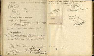 <em>"Maurice Nahman visitor book (1918-1977). Signature page."</em>. Manuscript. Brooklyn Museum. (Photo: Brooklyn Museum, N362_N14_Nahman_visitor_book_p73-74.jpg