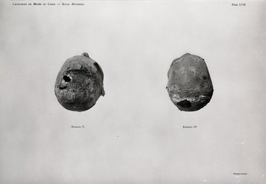 <em>"Catalogue du Musee du Caire. Royal Mummies, Ramses V and Ramses IV, top head view."</em>. Bw negative 4x5in. Brooklyn Museum. (Photo: Brooklyn Museum, N364_C12_Sm5_Smith_v2_plLVII_Royal_Mummies.jpg