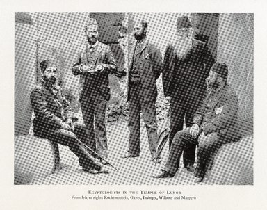 <em>"Egyptologists in the Temple of Luxor. From left to right: Rochemonteix, Gayet, Insinger, Wilbour and Maspero."</em>. Printed material. Brooklyn Museum. (Photo: Brooklyn Museum, N365_W64_Wilbour_p240a_Travels_in_Egypt_SL1.jpg
